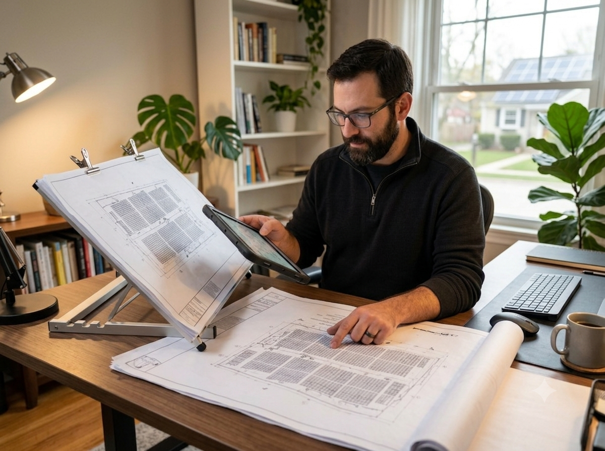 Solar project manager reviewing blueprints on a commercial rooftop